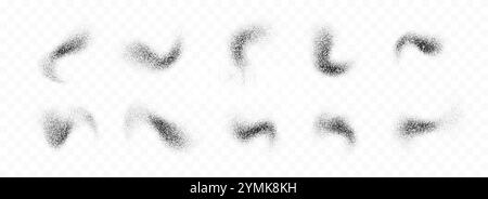 Black powder splashes set. Grunge grain spray texture collection. Dotted curved brush stains pack. Sand noise splattered overlay bundle. Abstract stippled fluid grain gradient shapes. Vector Stock Vector