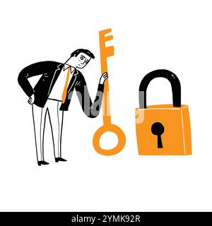 Businessmen holding golden key to unlock the lock business cooperation success leadership concept. Hand drawn vector illustration doodle style. Stock Vector