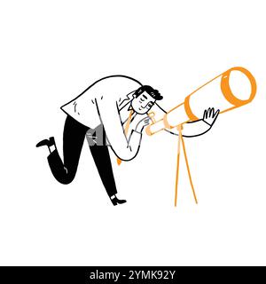 Business  man holding spyglass vector illustration. Finances, success, investment concept for banner, website design or landing web page Stock Vector