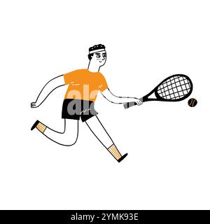 Sports concept. Tennis player with a racket in his hand. Vector illustration hand draw doodle style on an isolated white background. Stock Vector