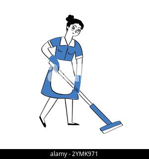 A maid is cleaning the floor with a mop. Hand drawn vector illustration line art doodle style. Stock Vector