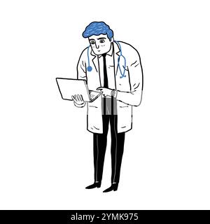 A doctor using the laptop. Hand drawn illustration line art doodle style. Stock Vector