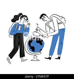 Couple raising flags travel travel destination For travel, fun, seeking, opening new experiences. Hand drawn illustration line art doodle style. Stock Vector