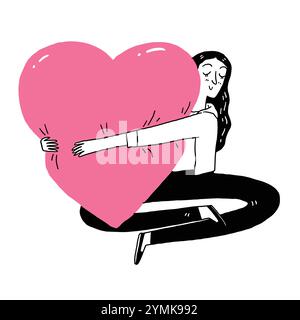 Young woman hugging a large heart-shaped pillow, Hand drawing vector illustration line art doodle style. Stock Vector