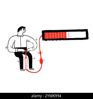 Weak electric concepts, young man is using something to pump air into something like a battery. Vector Illustration Hand drawn doodle style. Stock Vector