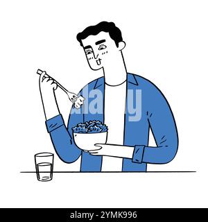 Man eating vegetarian food from a large bowl. Hand drawn vector illustration line art doodle style. Stock Vector