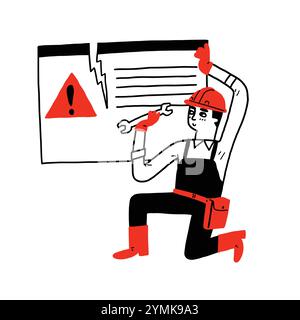 Repairman working on website or application, Warning message in screen. Popup message on computer. Attention problem notification. Hand drawn vector i Stock Vector