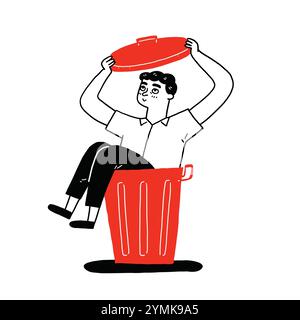 Young man is sitting in the trash can. Vector Illustration Hand drawn doodle style. Stock Vector