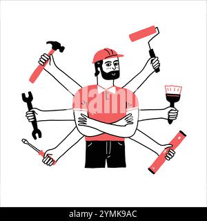 Professional handyman with many tools on his hands. Hand drawn vector illustration line art doodle style. Stock Vector