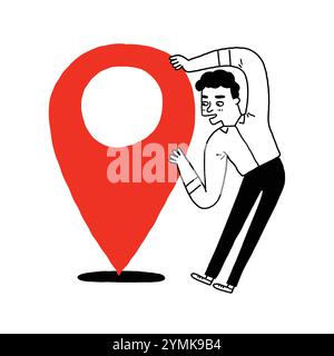 Cartoon character young man holding a big map marker. Hand drawn vector illustration doodle style. Stock Vector