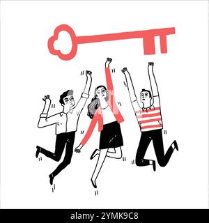 Businessman or employees are jumping reach to a big key. Hand drawn vector illustration line art doodle style. Stock Vector