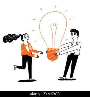 Senior supervisor Give a light bulb to a newcomer. Hand drawing vector illustration line art doodle style. Stock Vector