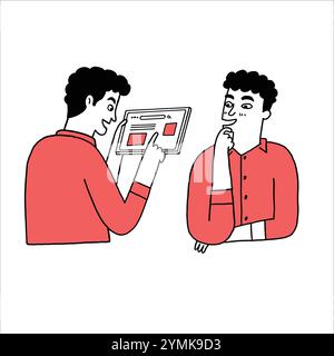 Young man is thinking and touching on tablet screen. Hand drawn vector illustration line art doodle style. Stock Vector