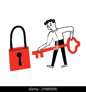 Hand drawn business man holding golden key to unlock the lock, business solution, key to success concept, Hand drawn vector illustration doodle style. Stock Vector