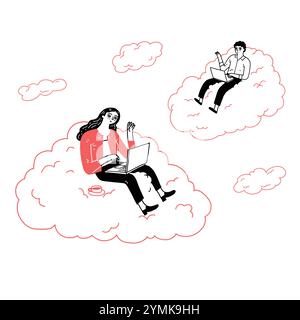 Young people on the clouds in the sky using laptop and typing messages to friends. Hand drawn vector illustration doodle style. Stock Vector