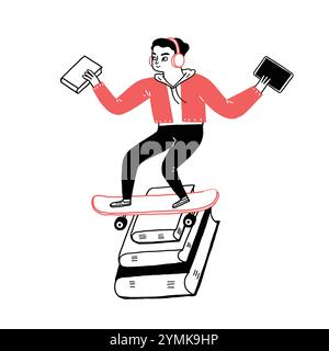 Student is balancing on books. Hand drawn illustrations vector doodle style. Stock Vector