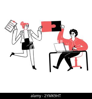 Illustration jigsaw puzzle pieces symbol of teamwork. Problem-solving, business challenge business connection jigsaw puzzle, partnership concept. Hand Stock Vector