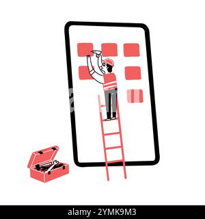 Engineer at project application development on mobile. Hand drawn illustrations vector doodle style. Stock Vector