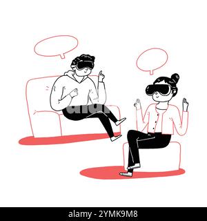 Young people wearing virtual reality glasses. Hand drawn illustrations vector doodle style. Stock Vector