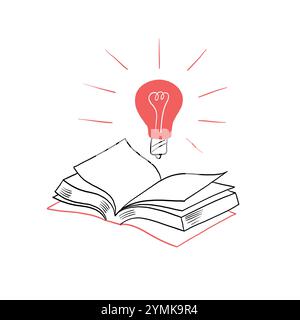 Light bulb with open book. Idea education concept. Hand drawing vector illustration doodle style. Stock Vector