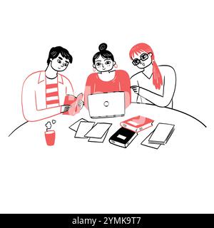 Young people study together with books and laptop prepare for school exam. Hand drawing vector illustration doodle style. Stock Vector