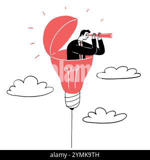 The image shows a man standing inside a light bulb. He is looking through a telescope. There are clouds around him. The man is wearing a suit. Hand dr Stock Vector