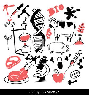 The image contains various illustrations related to biology and biotechnology. Central to the image is a double helix of DNA, symbolizing genetics. Ha Stock Vector