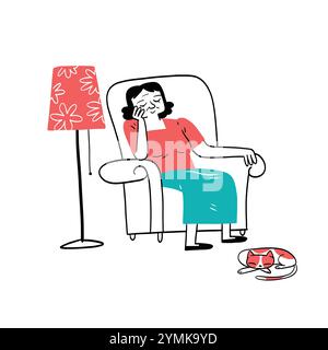 A woman naps in an armchair beside a sleeping cat, embodying relaxation and comfort. This illustration captures the peacefulness and coziness of a qui Stock Vector