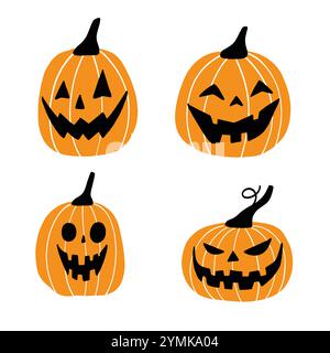 Set of Spooky Halloween Pumpkins with Scary Faces for Autumn Celebration Stock Vector