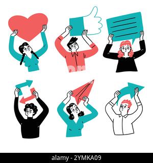 Icons depicting social media and communication concepts, Hand drawing vector illustration. Stock Vector