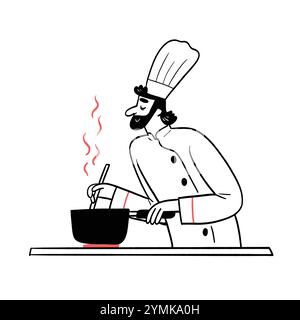 The chef is using cooking utensils, possibly tasting or preparing food, with steam rising, indicating it's hot. Stock Vector