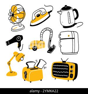 Hand drawn doodle vector illustrations of Electronic household appliances, Set of house set refrigerator or washing machine in electric shop and vacuu Stock Vector