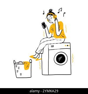 A cute girl is sitting on a washing machine, listening to music on her mobile phone. Hand drawing vector illustration doodle style. Stock Vector