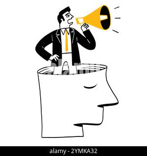 A businessman stands on something that looks like a human head and speaks into a megaphone. Hand drawing vector illustration doodle style. Stock Vector