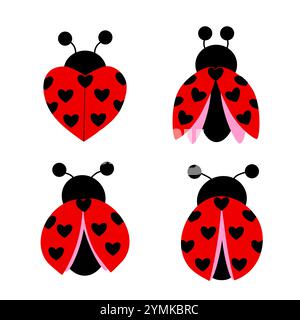 colorful set of ladybugs with hearts, on a white background. hand drawn. vector Stock Vector