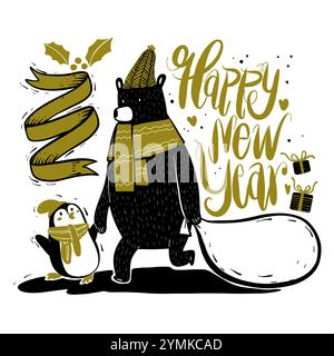 Bear and Penguin is cute. Walk gifts in the New Year. Stock Vector