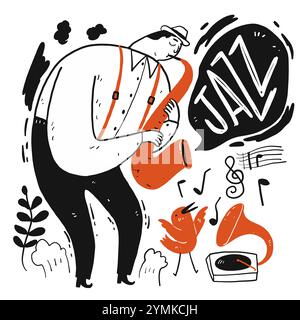 A man playing music. Collection of hand drawn, Vector illustration in sketch doodle style. Stock Vector