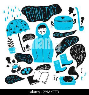 The daily use in the rainy day. Collection of hand drawn, Vector illustration in sketch doodle style. Stock Vector