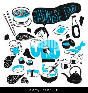 The man and japanese food.  Collection of hand drawn, Vector illustration in sketch doodle style. Stock Vector