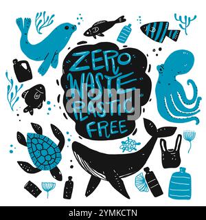 Zero waste Plastic free, hand drawing silhouette doodle style. Stock Vector