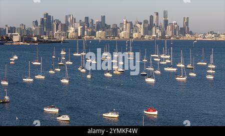 Melbourne Australia. The view of Melbourne from Williamstown of Hobsons Bay and the Melbourne skyline. Stock Photo