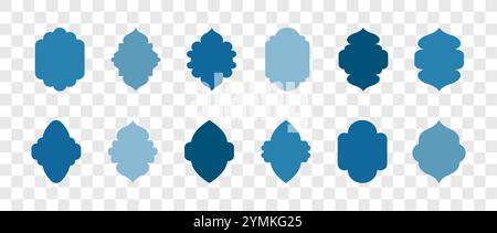 Shape Islamic Windows and arches. Set of Muslim frames in blue colors. Silhouettes of Arabic door. Traditional Vector illustration on transparent Stock Vector