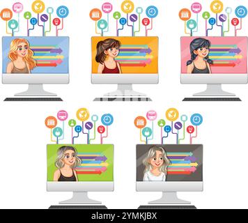 Five women collaborating online with various icons Stock Vector