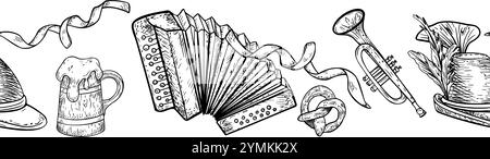 Seamless vector pattern black white of traditional Oktoberfest elements beer mugs, accordion, trumpet, pretzel, Bavarian hat, and decorations isolated Stock Vector