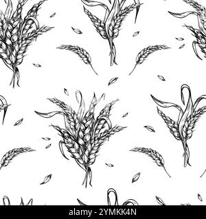 Bunch of wheat ear with dry herb and grains black white graphic vector seamless pattern isolated. Spikelet rye, barley stalks monochrome hand drawn Stock Vector