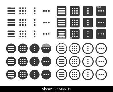 Hamburger menu symbol icons set. Menu icon for web and mobile apps. Buttons for website UI navigation. Vector illustration. Isolated on white backgrou Stock Vector