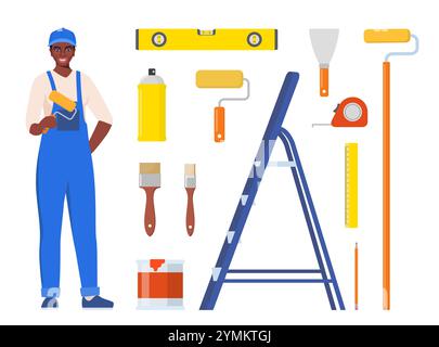 Black Woman painter in uniform with paint roller. Set of painting tools, brush, roller. Decorator job, interior renovation service. Vector illustratio Stock Vector