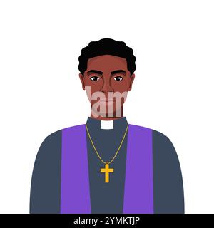 Catholic priest portrait. African American Catholic priest in a cassock with a cross. Vector illustration Stock Vector