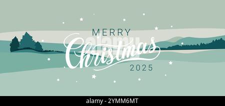 Merry Christmas 2025 text, banner horizontal winter landscape with hills and trees on soft background. Vector illustration Stock Vector