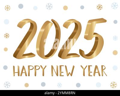 Golden 3D numbers 2025 with sparkling highlights and handwritten Happy New Year text. On white background with gold and blue snowflakes and circles. Stock Vector